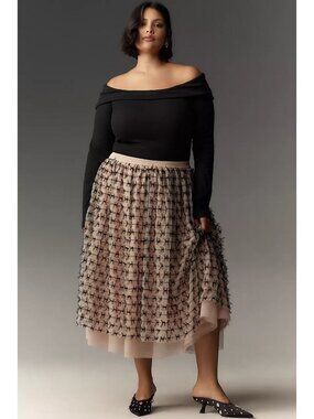 Maeve x Anthropologie Sz. XL Nude All-Over Bow Tulle Midi Skirt Whimsical